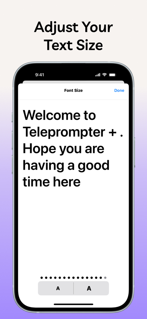 Floating Notes Teleprompter - Un'interfaccia mobile per regolare la dimensione del carattere degli script all'interno dell'app Teleprompter Note Fluttuanti.