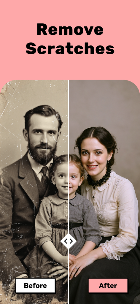 Restore Old Photos - Restora - Vorher-Nachher-Vergleich eines alten Familienporträts mit entfernten Kratzern und hinzugefügter Farbe