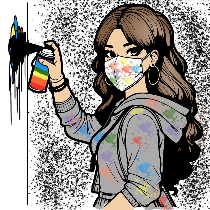 realistic girl with mask spray painting a wall