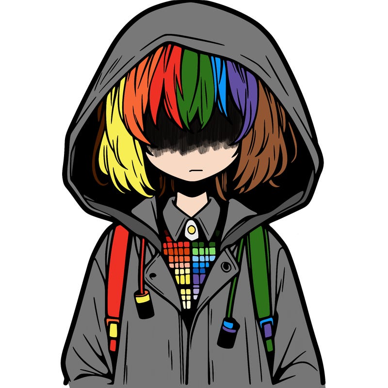 little anime girl in a raincoat her hair is covering her eyes she has a lighter
