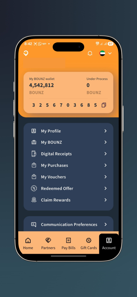 BOUNZ Rewards Loyalty App - Account screen of the BOUNZ Rewards loyalty app displaying the points wallet balance and user profile options.