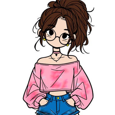 girl with a messy ponytail glasses a baggy crop top and jean shorts