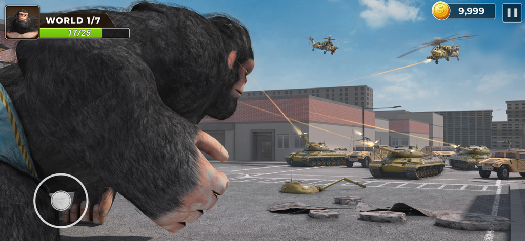 Ein riesiger Gorilla steht Panzern und Hubschraubern in einem Stadtkampf gegenüber