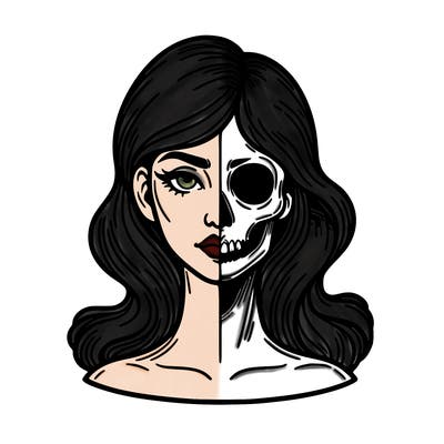 bust of a woman, half face and hair, half skull