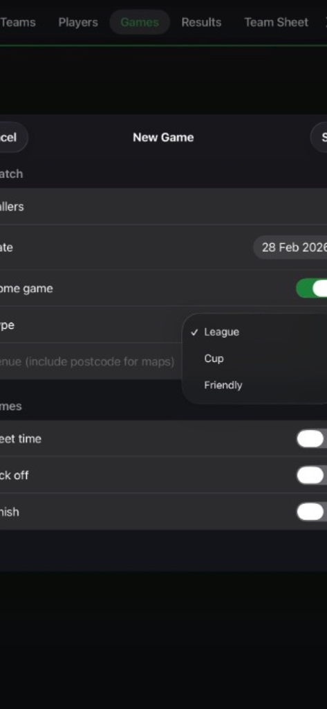 Creando una nueva entrada de partido de fútbol con opciones para liga, copa o partidos amistosos
