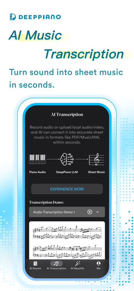 Screenshot of DeepPiano app showing AI music transcription feature converting piano audio into sheet music.
