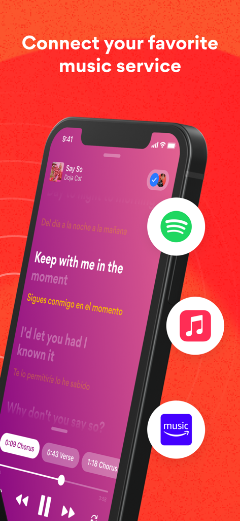 Musixmatch app interface showing synchronized lyrics with connection icons for Spotify Apple Music and Amazon Music