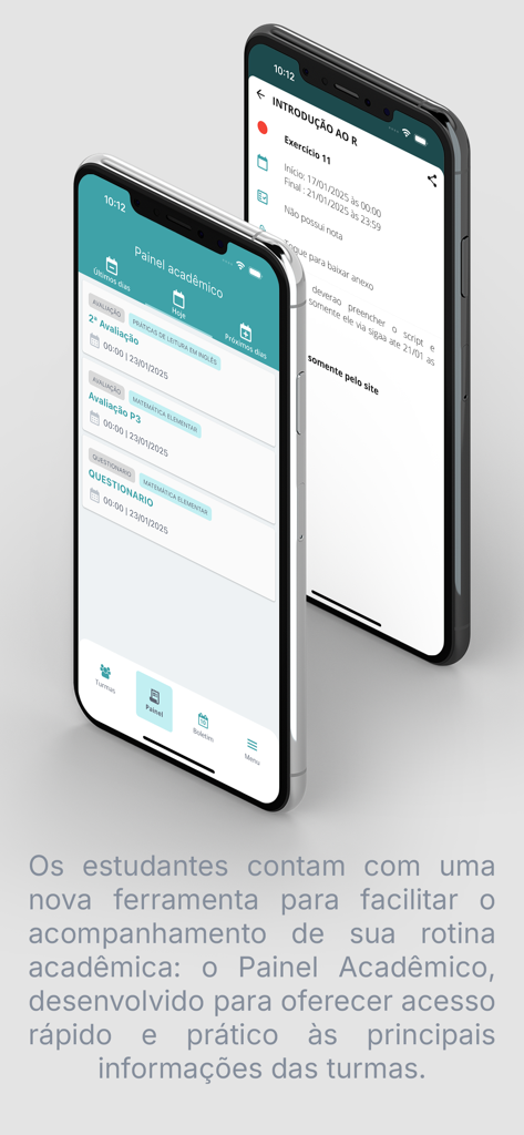 Dos teléfonos inteligentes que muestran el panel académico de la aplicación SIGAA Mobile y los detalles de las tareas del curso