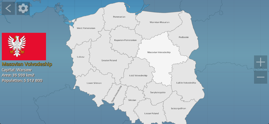 Poland Quiz (Qbis Studio) - Map of Poland showing voivodeship regions and details for Masovia