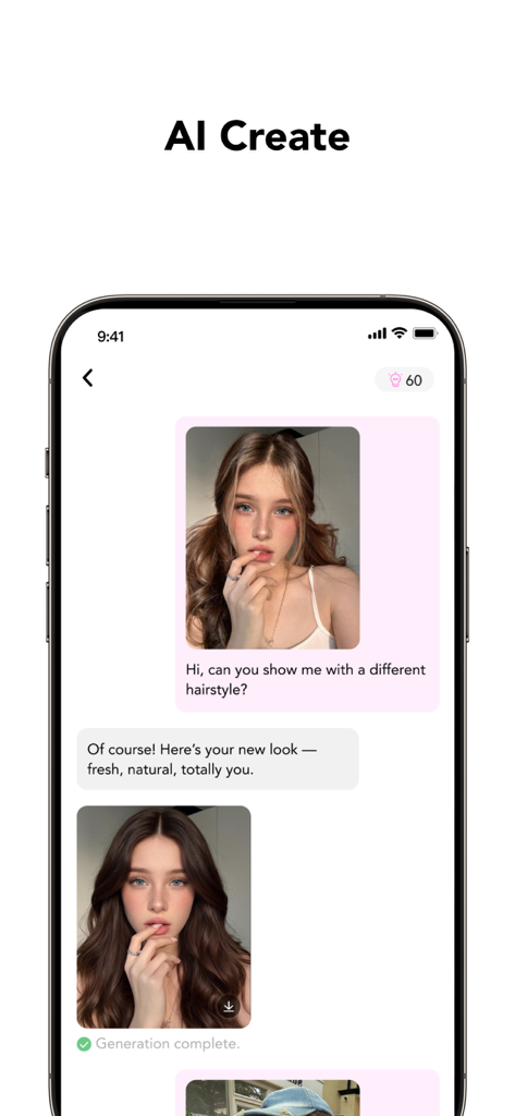 GlowCamアプリのインターフェース、ユーザーがチャットのやり取りで髪型を変更するAI作成機能を表示