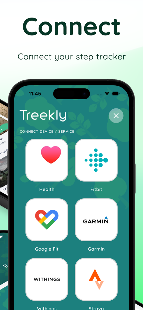 Treekly - Treekly app screen showing options to connect fitness trackers like Apple Health Fitbit and Google Fit