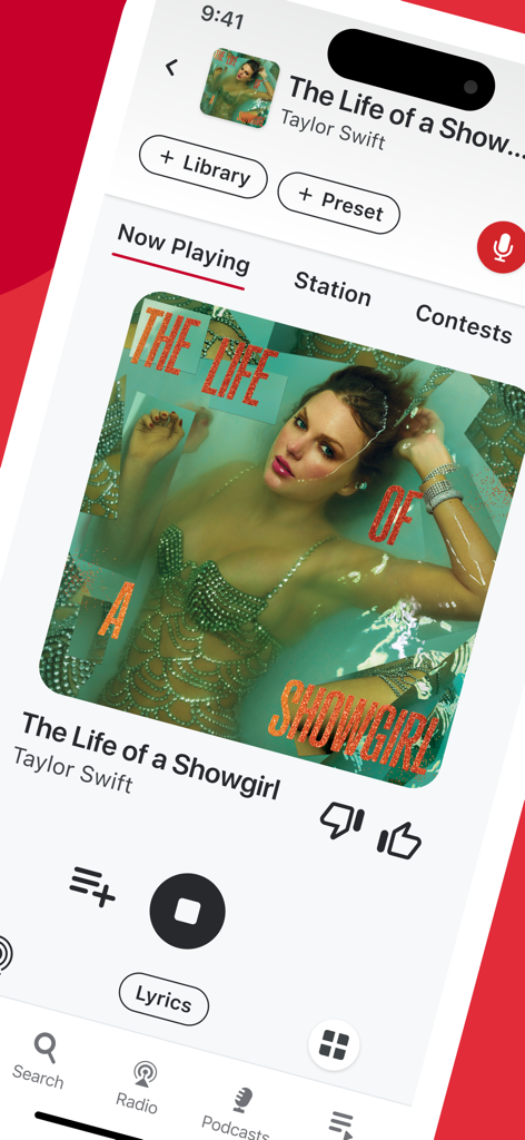 A screenshot of the iHeartRadio app music player interface.