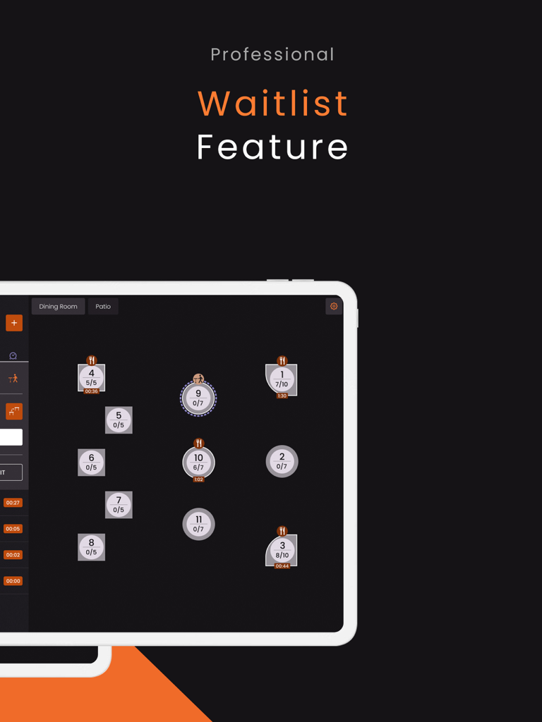 Table Management - Digital restaurant floor plan on an iPad showing the professional waitlist feature and real time table statuses.