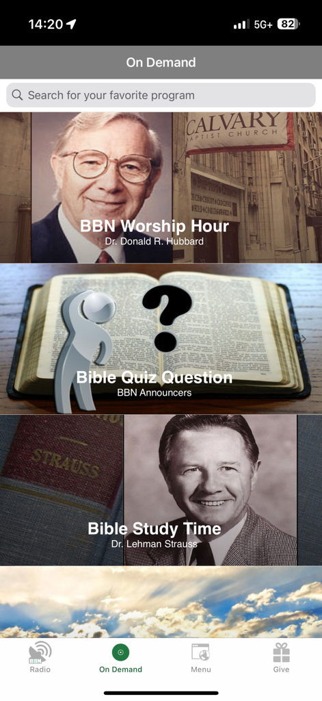 BBN Christian Radio app on demand screen showing Bible study and worship programs.