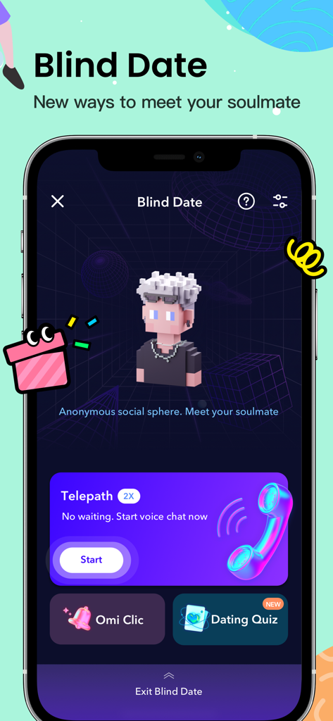 Omi app interface showing the Blind Date feature with a pixel art avatar and voice chat options