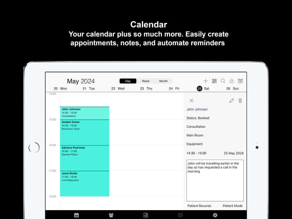 Consentz - Consentz medical practice management calendar showing patient appointments on an iPad