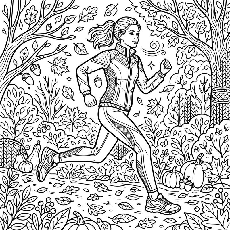 This dynamic coloring page features a woman enjoying a run in her stylish activewear amidst a beautiful autumn landscape. Immerse yourself in the fall season with falling leaves, pumpkins, and rustic trees, perfect for a relaxing creative escape.