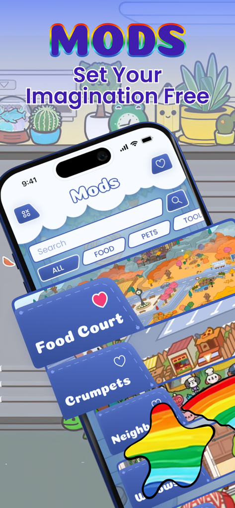 School Days for TC World - Tela de smartphone mostrando o menu de mods no aplicativo School Days for TC World com categorias coloridas como Food Court e Crumpets.