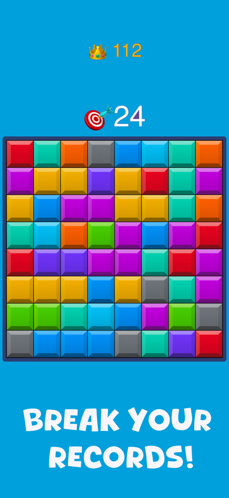 Block Blast for Watch - A colorful block puzzle grid showing a high score challenge with the text Break Your Records.