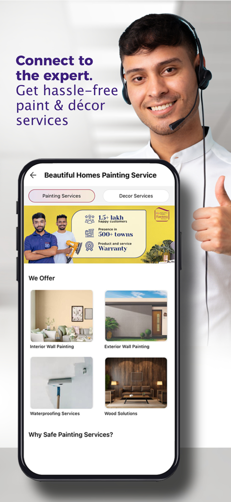 Colour with Asian Paints - Mobile screen showing professional painting services and an expert consultant with a headset