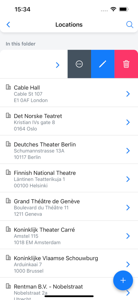 List of event venues and project locations with addresses in the Rentman mobile app