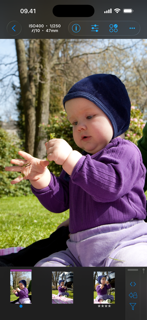 ShutterSnitch app interface showing a high-resolution photo preview with camera metadata and a filmstrip of images.