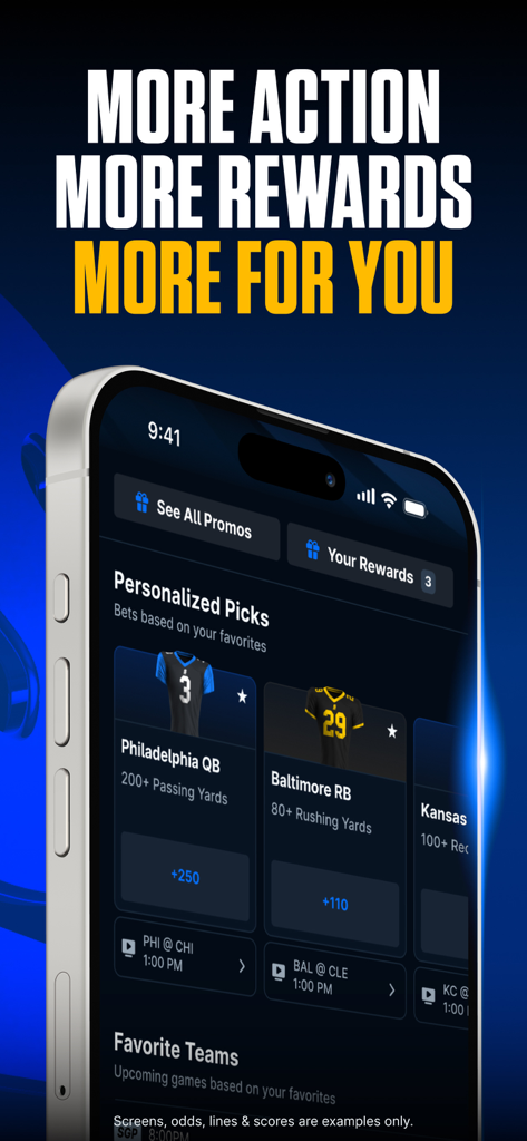 theScore Bet Sportsbook Casino - Mobile phone screen displaying personalized sports betting picks and rewards on theScore Bet app.