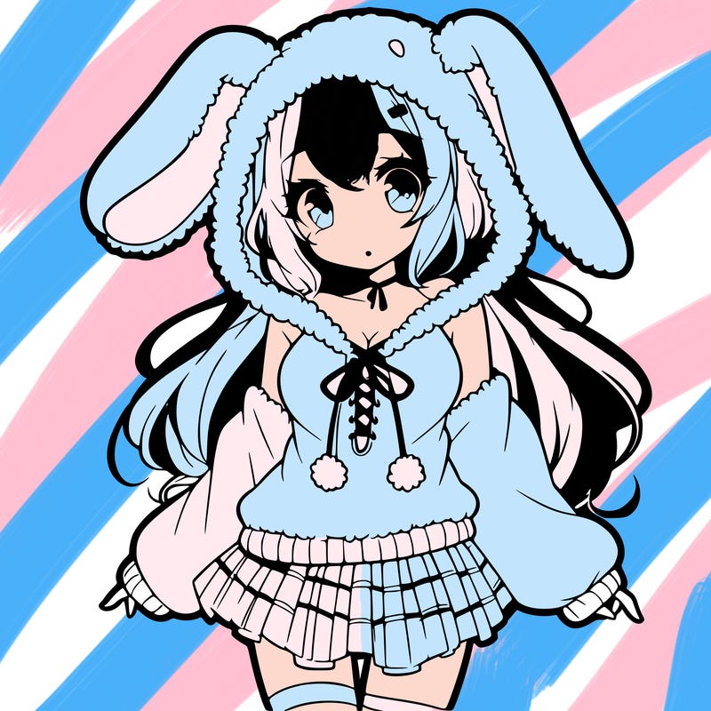 pretty anime girl wearing a fluffy hoodie with bunny ears on the hood and a skirt