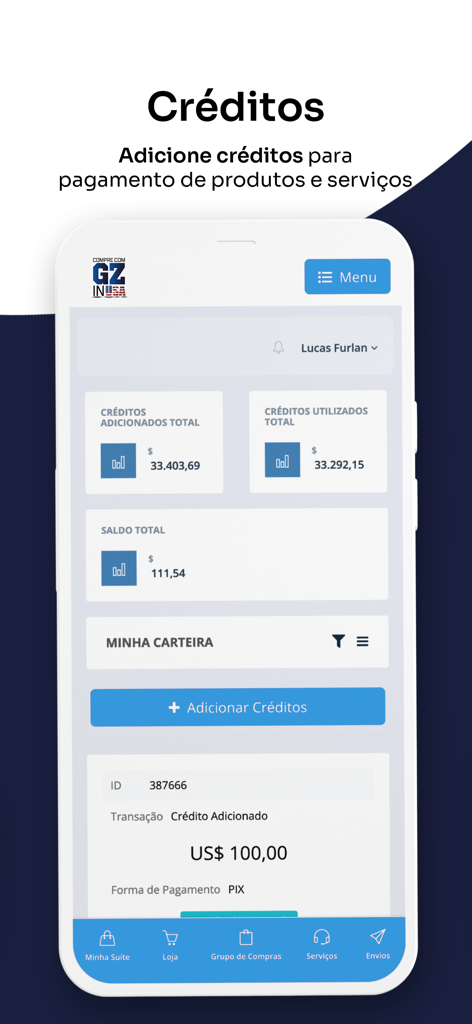 Compre com GZ in USA - Credits and wallet screen of the Compre com GZ in USA mobile app