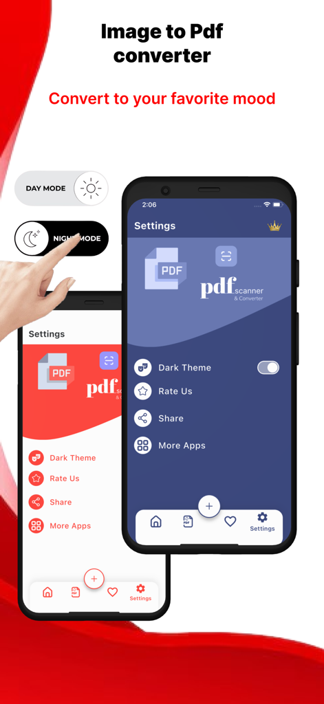 Image To PDF: OCR Text Scanner - Interfaz de una aplicación de escáner de imagen a PDF que muestra la configuración de tema claro y oscuro