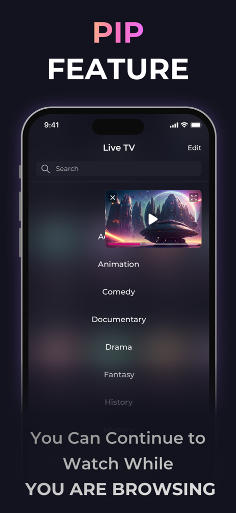 IPTV - Opus Player - Función Picture-in-Picture de IPTV Opus Player mostrando un video reproducido sobre la lista de categorías de contenido