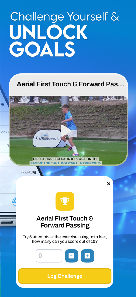 Soccer Training IQ - Soccer Training IQ app interface showing a drill video and a popup to log progress on the aerial first touch challenge.