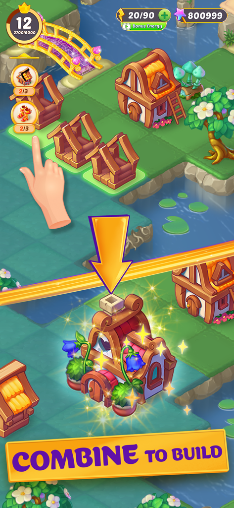 EverMerge gameplay showing a player combining items to build a magical house