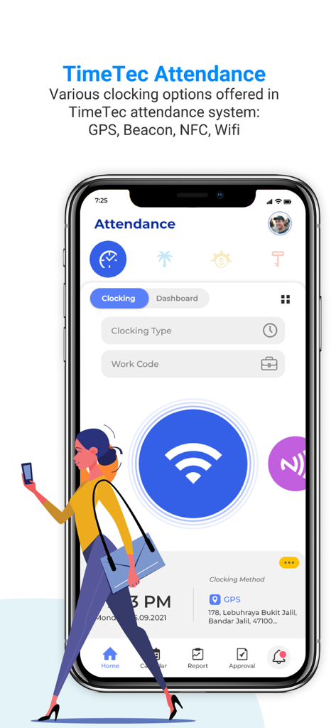TimeTec HR - A mobile screen showing TimeTec Attendance with various clocking options like GPS, Beacon, NFC, and Wifi.