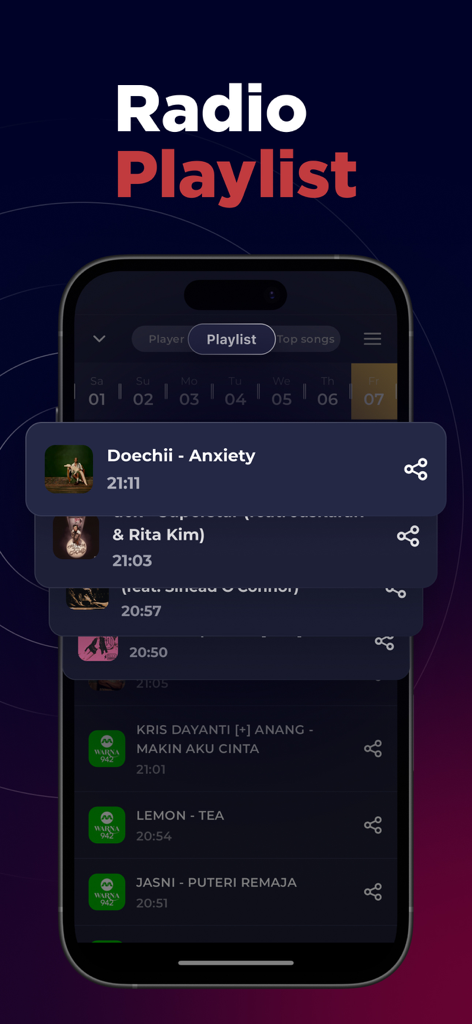 Smartphone screen showing the playlist and song history of a Singaporean radio station