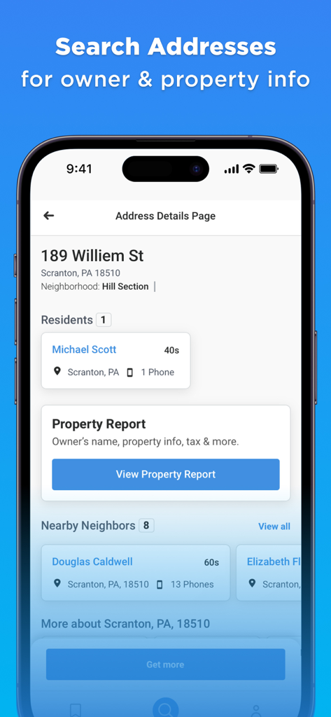 Whitepages Search, Find People - Whitepages app interface displaying address details, resident information, and property report options for an address in Scranton.