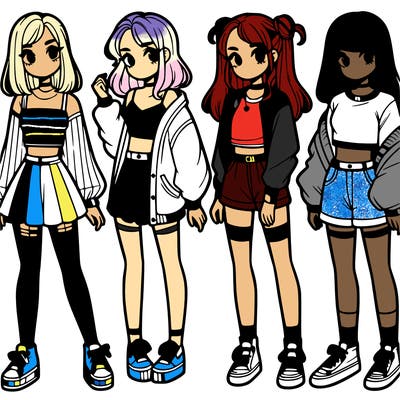 one girl with crop-top shirt and a jacket with a skirt, long socks and another girl with a shirt and pants with a jacket