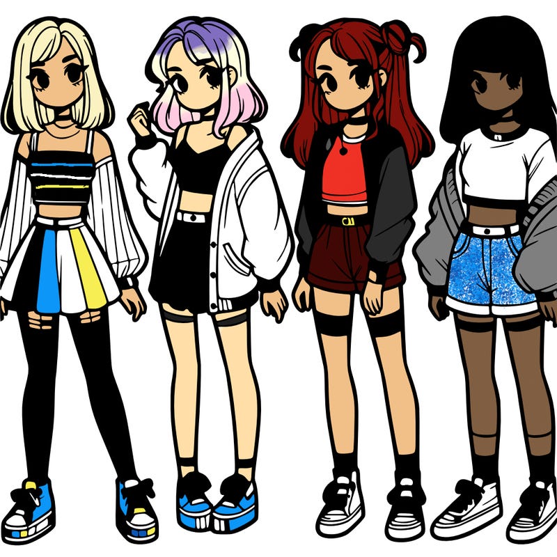 one girl with crop-top shirt and a jacket with a skirt, long socks and another girl with a shirt and pants with a jacket