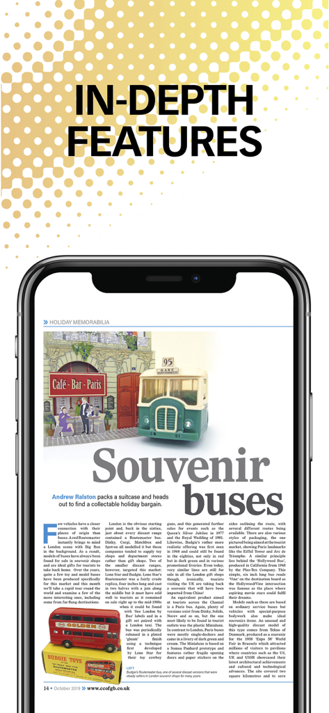 Collectors Gazette - Mobile app screen showing an in depth feature article about vintage souvenir toy buses from Collectors Gazette