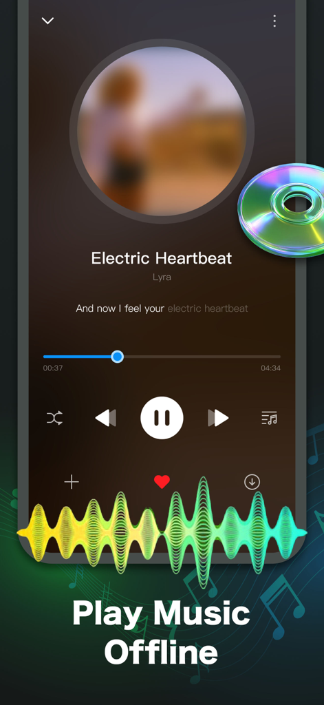 Interfaz de la aplicación Music X mostrando una canción reproduciéndose con controles de reproducción sin conexión y una forma de onda de audio colorida.
