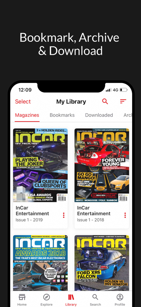 InCar Entertainment - Digital library screen in the InCar Entertainment app showing several magazine issues featuring custom car audio builds