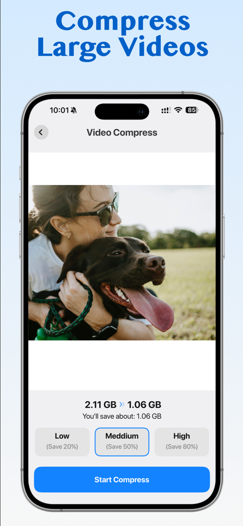 Interface of Prime Cleaner app showing options to compress large videos and save storage space