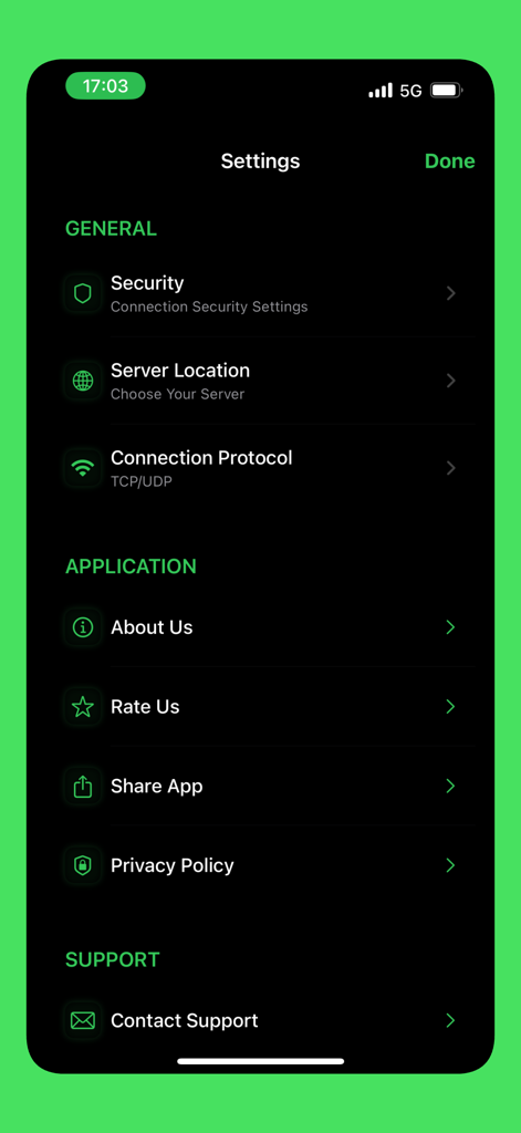 BearVPN app settings interface showing security, server location, and connection protocol options in dark mode.