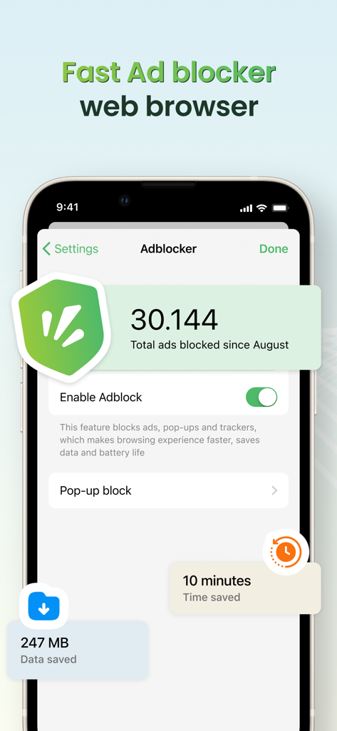 Cốc Cốc: Web Browser & Adblock - Interfaz del navegador web Coc Coc destacando las funciones de bloqueo de anuncios y ahorro de datos