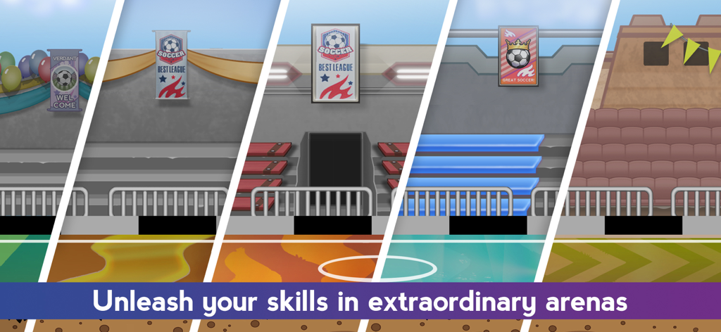Foot Brawl - Fun Head Football - Un collage que muestra cinco estadios de fútbol diversos y coloridos en Foot Brawl Fun Head Football.