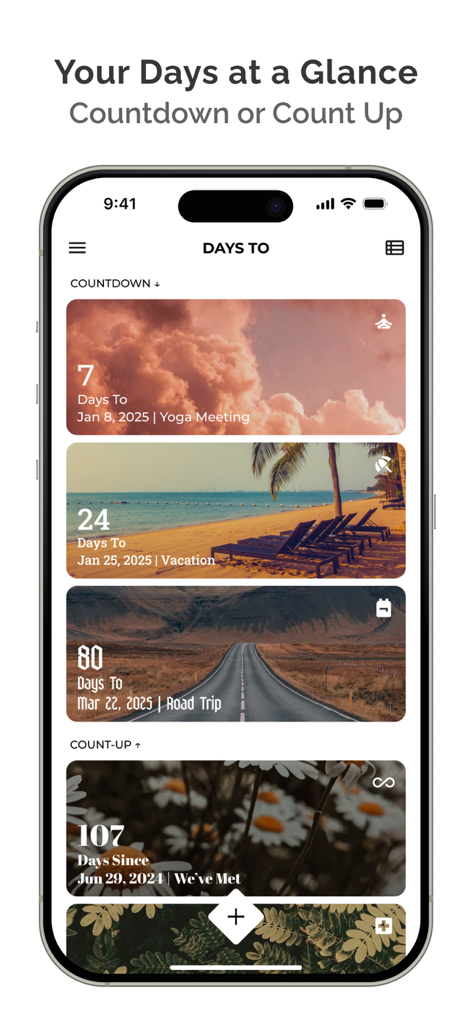 Interfaz de la aplicación móvil estética que muestra un panel de eventos de cuenta atrás y cuenta atrás con hermosas fotos de fondo