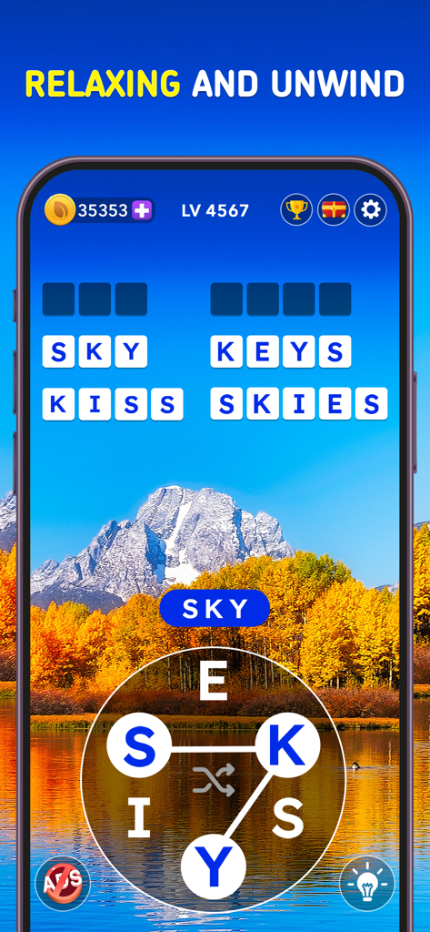 Word Tour: Trip Puzzle Game - A word search puzzle gameplay screen from Word Tour featuring a scenic mountain landscape background