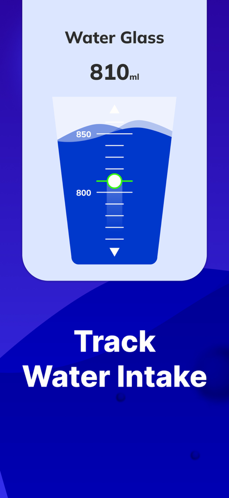 Water Tracker- Drink Water! - Una interfaz móvil para rastrear la ingesta de agua que muestra un vaso llenándose con un indicador de volumen de 810 ml.