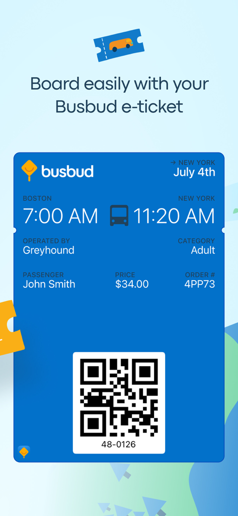 Digital bus ticket displayed on a mobile screen for a Greyhound trip from Boston to New York showing a QR code and passenger details