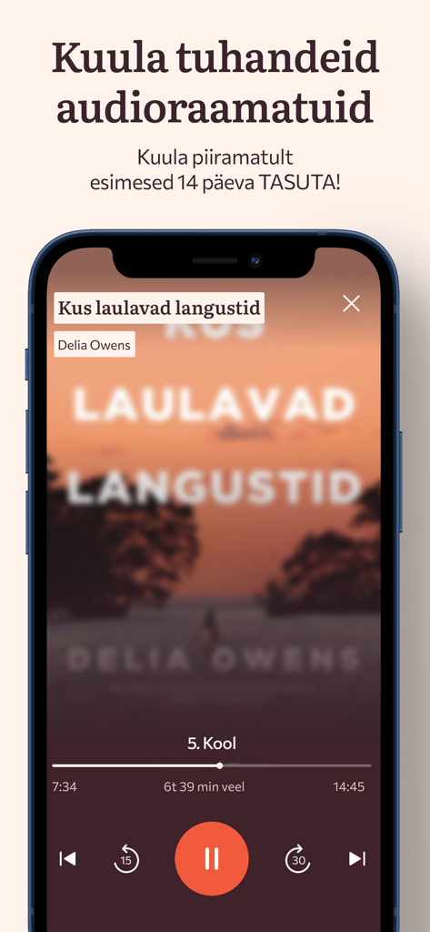 Smartphone screen showing the Rahva Raamat audiobook player with an Estonian book selection